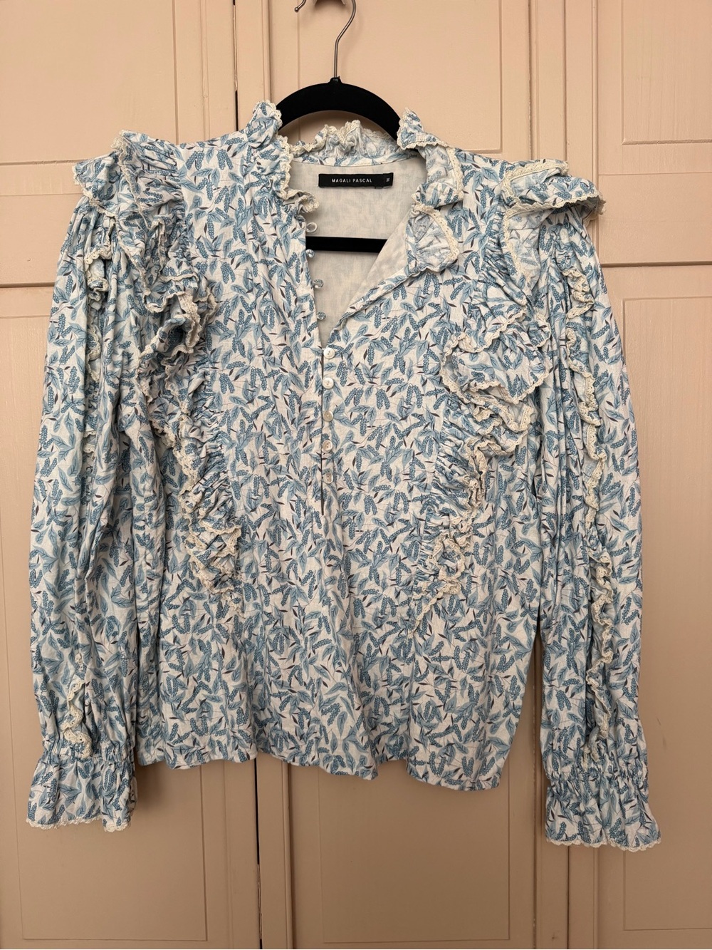 Magali Pascal Blue Leaf-Print Ruffle Blouse